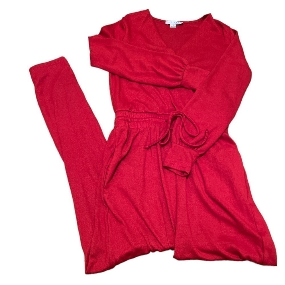 JUMPSUIT. Long sleeve. Red. V-neck. Tie waist. NWOT